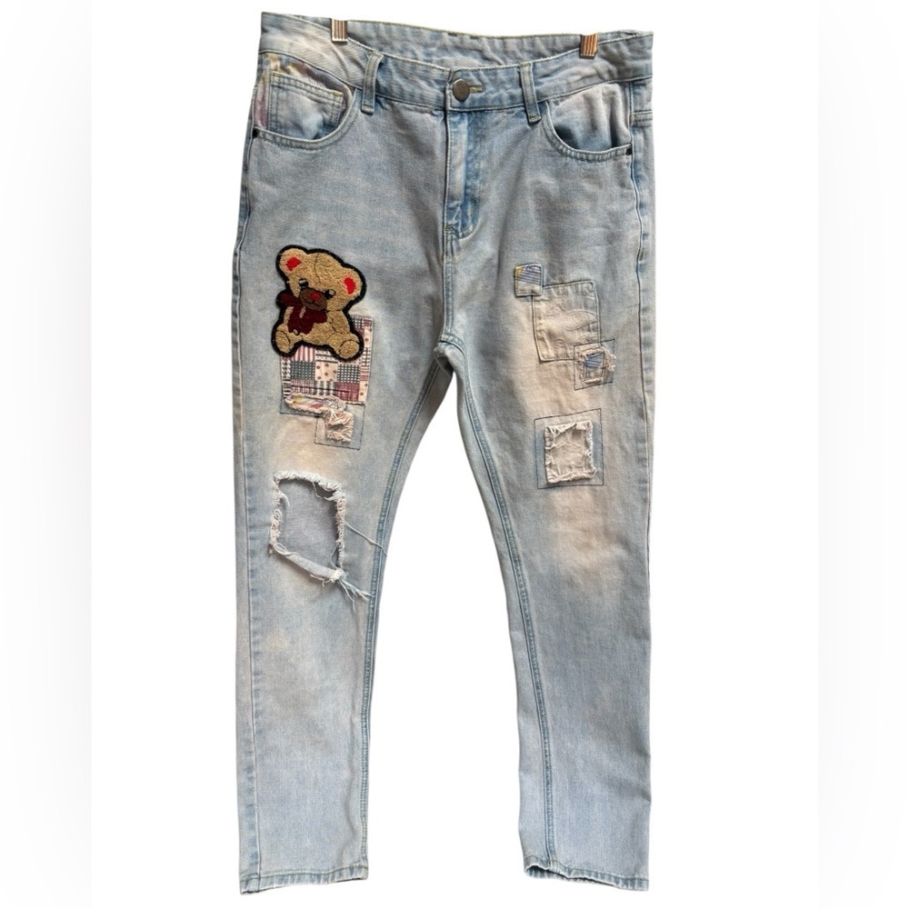 Light Wash Distressed Blue Jeans with Bear Patch Skinny Leg Patchwork Size 34
